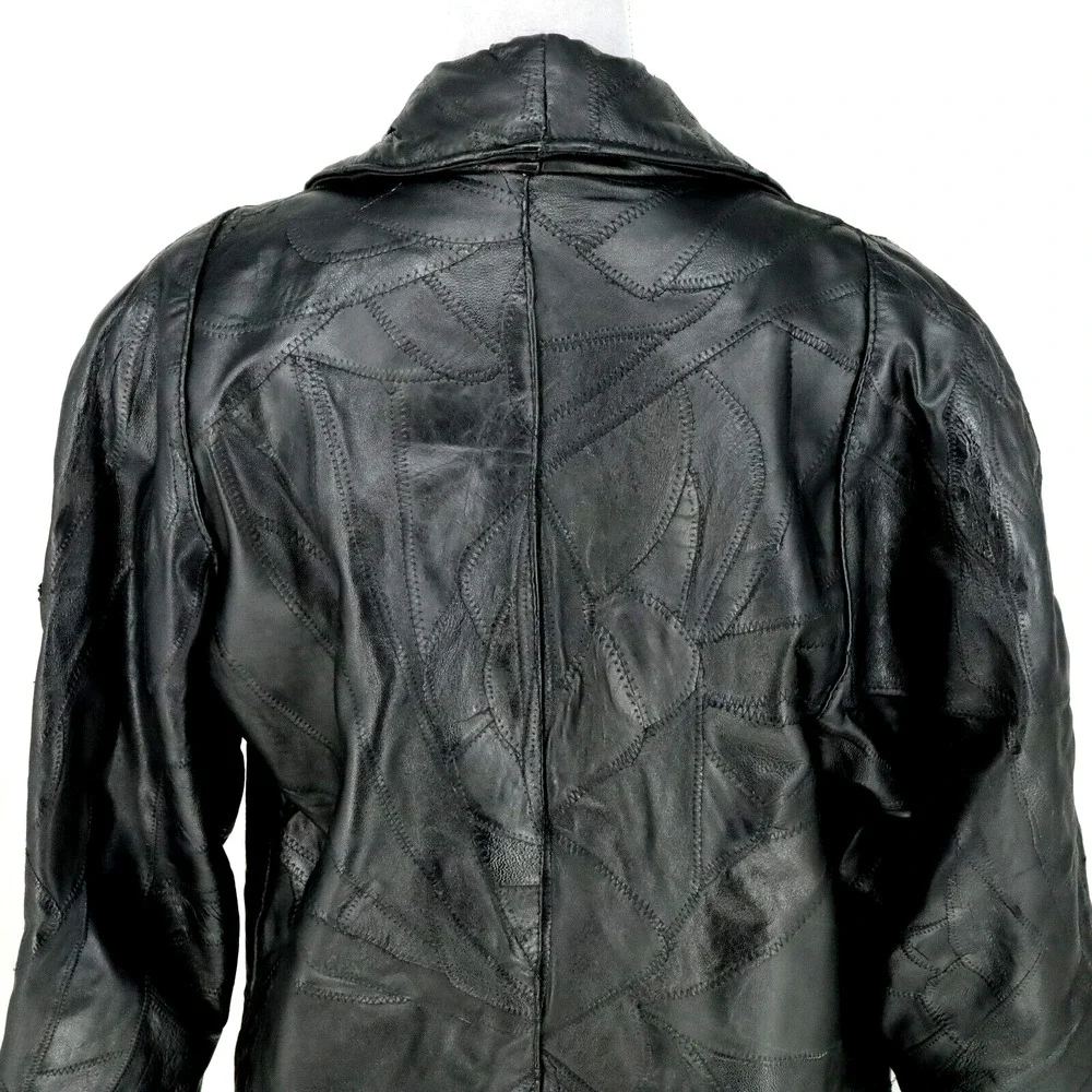 Navarre Leather Coat Jacket Womens Medium Black Lined Patchwork Look Outdoor